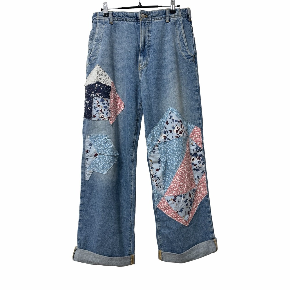 Anthropologie PILCRO Patchwork High Rise Wide Leg Cuffed Jeans Size 27 Blue Boho